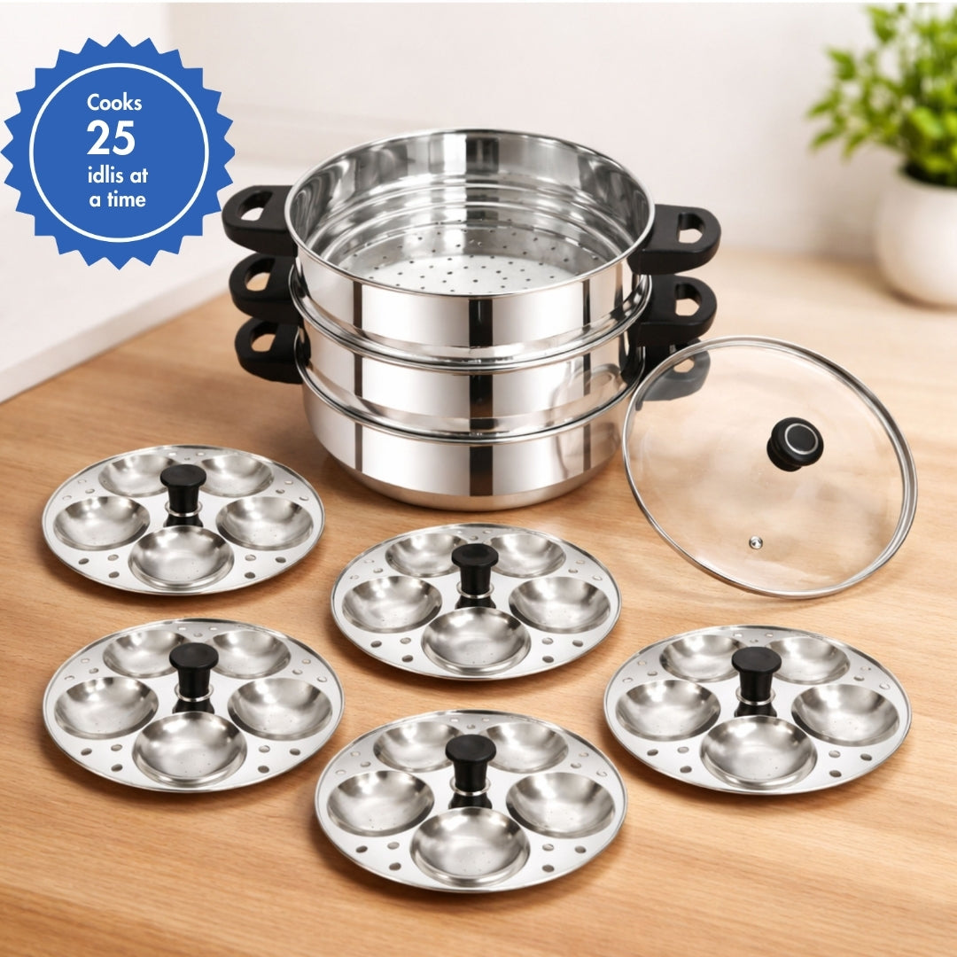 High Grade Stainless Steel 3 tier 24cm  Multipurpose Steamer 